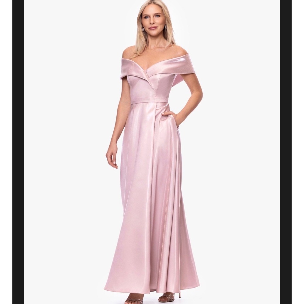 Xscape Womens Off Shoulder Satin Gown Rose Pink Metallic Formal Dress 16P 7594XP